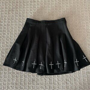 XMM Black Midi Skirt Skort White Crosses Knit Womens Size 1 Goth Retro Gothic